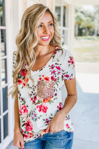 White Sequin Pocket V Neck Floral T-shirt