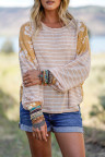 Yellow Striped Floral Splicing Lantern Sleeve Top