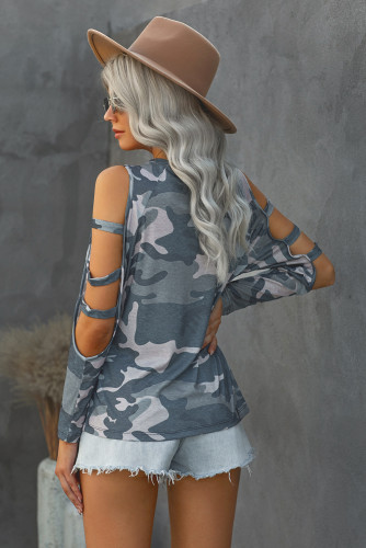 Gray Camouflage Shoulder To Hollow Out Long Sleeve Top