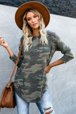 Green Camo Print Long Sleeve Top