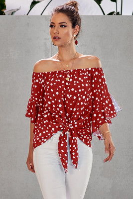 Red Polka Dot 3/4 Bell Sleeve Off Shoulder Front Tie Knot Top