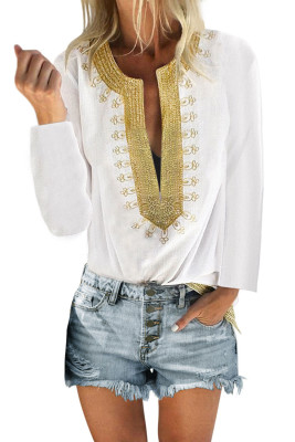 White Embroidered Split Neckline Shift Blouse