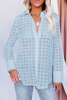 Sky Blue Long Sleeve Eyelet Floral Pattern Hollow-out Shirt