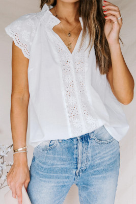 White Embroidered Eyelet Cap Sleeves Top