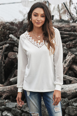 White Deep V-neck Lace Stripe Long Sleeve Top