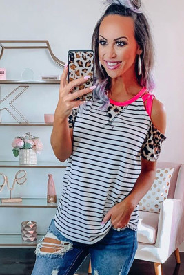 Striped Leopard Patchwork Cold Shoulder T-shirt