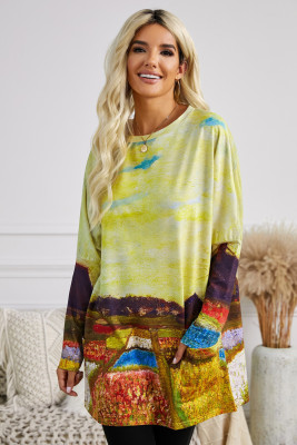 Multi-color Field Printing Long Sleeve Tunic Top With Two Side Pockets