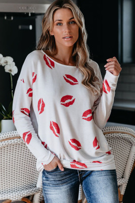 White Valentine’s Day Lip Prints Long Sleeve Top