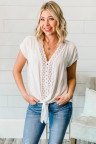 White V Neck Lace Patchwork Tee with Knot