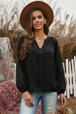 Black V Neck Lantern Sleeve Textured Solid Top