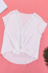 White V Neck Lace Patchwork Tee with Knot