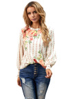Apricot Crewneck Floral Printed Balloon Sleeves Blouse