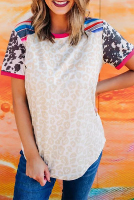 Leopard Cow Colorful Striped Splicing Top