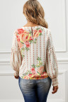 Apricot Crewneck Floral Printed Balloon Sleeves Blouse
