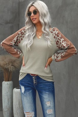 Mocha Leopard Print Waffle Knit Long Sleeve Top