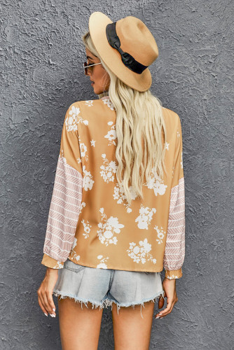 Yellow Striped Floral Splicing Lantern Sleeve Top