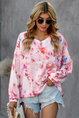 Pink Tie-dye V Neck Long Sleeve Top