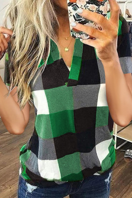 Green Plaid Pattern V Neck Short Sleeve Top