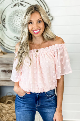 Pink Off The Shoulder Swiss Dot Crop Blouse