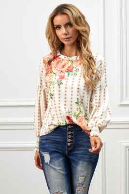Apricot Crewneck Floral Printed Balloon Sleeves Blouse