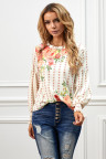 Apricot Crewneck Floral Printed Balloon Sleeves Blouse