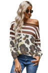 Brown Striped Leopard Long Sleeves Blouse