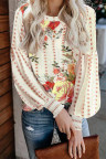 Apricot Crewneck Floral Printed Balloon Sleeves Blouse