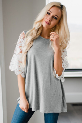 Gray Lace Sleeves Tunic Top