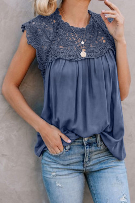 Blue Crochet Lace Trim Splicing Casual Blouse