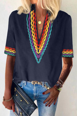 Blue Ethnic Colorblock Short Sleeves Top