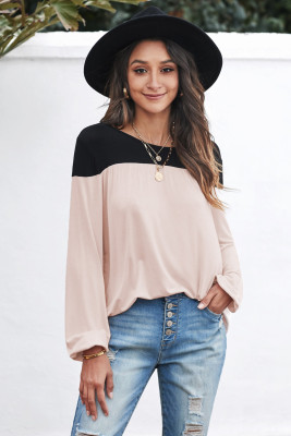 Apricot Round Neck Long Sleeve Color Block Tunic Top