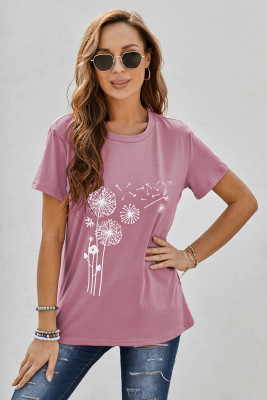 Pink Crew Neck Dandelion Print T-shirt