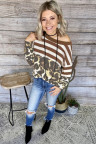 Brown Striped Leopard Long Sleeves Blouse
