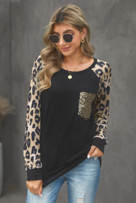 Leopard Round Neck Sequin Long Sleeve Top