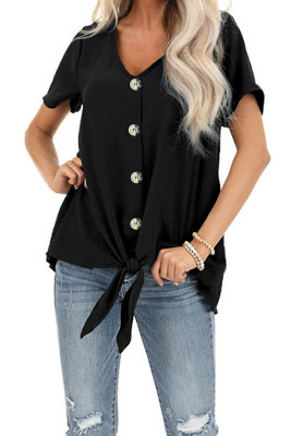 Black Button Up Front Tie Detail Woven Top