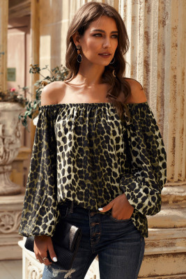 Leopard Print Elastic Neck Off Shoulder Top