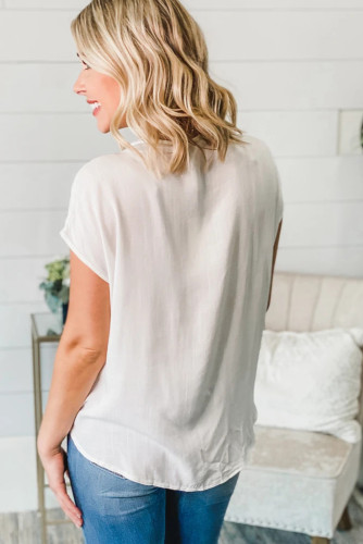 White V Neck Lace Patchwork Tee with Knot