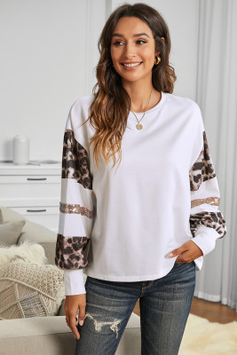 Sequins Patchwork Leopard Print White Crew Collar Long Sleeve Top