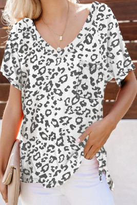 White V Neck Front Pocket Leopard Tee