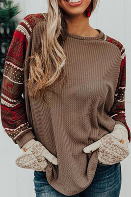 Round Neck Christmas Print Waffle Knit Top