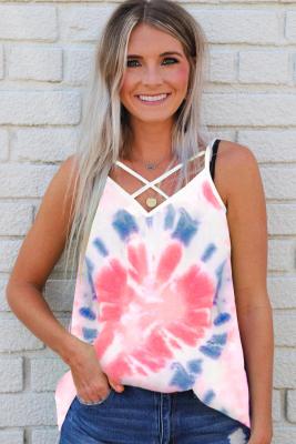 Pink Tie Dye Strappy Crossed Neckline Tank Top