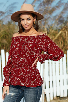 Red Polka Dot Off Shoulder Ruffle Long Sleeve Top