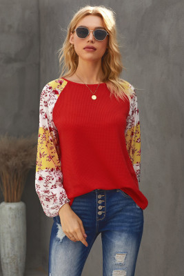 Red Mixed Print Balloon Sleeve Top