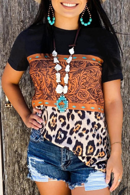Black Leopard Print Buckstitch Splicing Color Block T-shirt