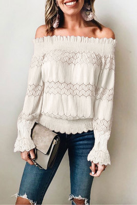 Apricot Off Shoulder Ruffle Long Sleeve Smocked Waist Lace Crochet Blouse