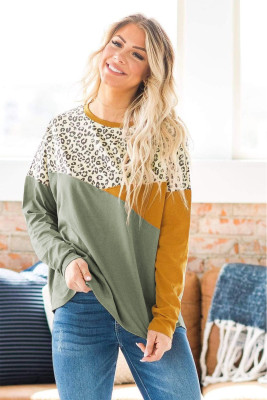 Green Leopard Color Block Splicing Long Sleeve Top
