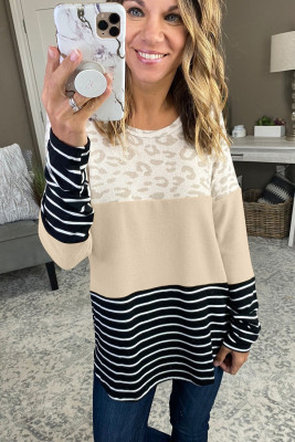 Apricot Leopard and Stripe Color Block Long Sleeve Top