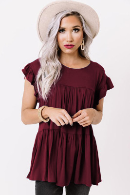 Red Short Sleeve Keyhole Ruffled Babydoll Top