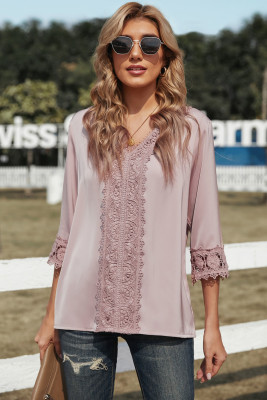 Pink 3/4 Sleeves Crochet Detail V Neck Blouse