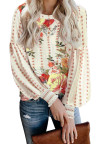Apricot Crewneck Floral Printed Balloon Sleeves Blouse